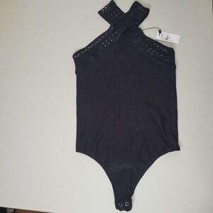 EXPRESS Black Ribbed Halter Neck Cutout Bodysuit